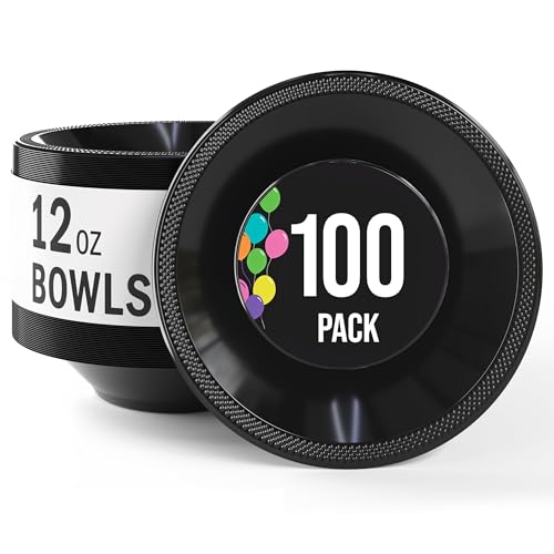 Exquisite Party Solids 12 Oz Black Plastic Bowls Disposable Bowls for Hot Food Soup 100 Pcs - For Soup Salad Cereal Desserts & Party Supplies