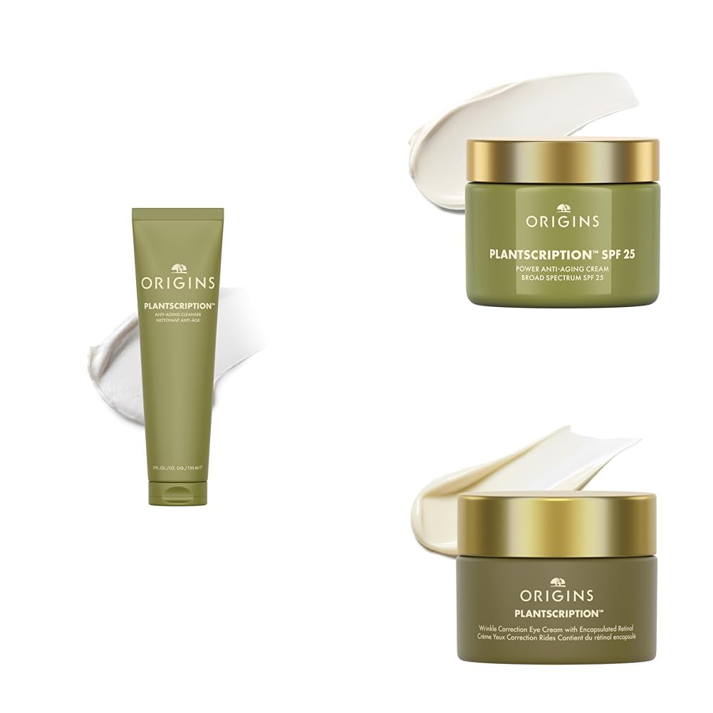 Origins Plantscription Anti-Aging Set: Anti-Aging Cleanser (150ml) + SPF 25 Power Anti-Aging Cream (50ml) + Wrinkle Correction Retinol Eye Cream (15ml) | Reinigt + UV Schutz + Reduziert Krähenfüße