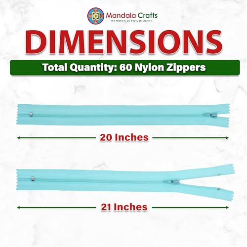 Image of Mandala Crafts 60 PCs Turquoise Closed-End 20 Inch Nylon Zippers for Sewing