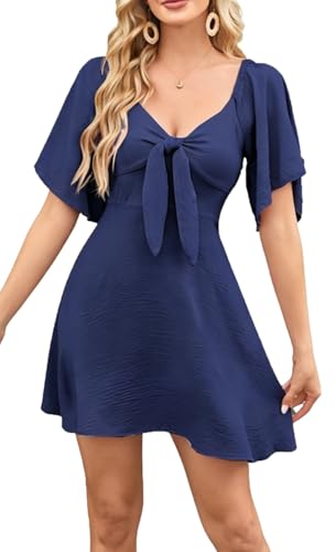 womens summer flowy short dress short sleeve deep v neck knot front mini dresses
