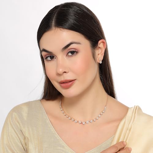 Image of Nilu's Collection Rose Gold Plated American Diamond Floral Leaf Necklace Set with Matching Drop Earrings For Women And Girls | Anti-Tarnish | Anti-Allergy | Office Wear