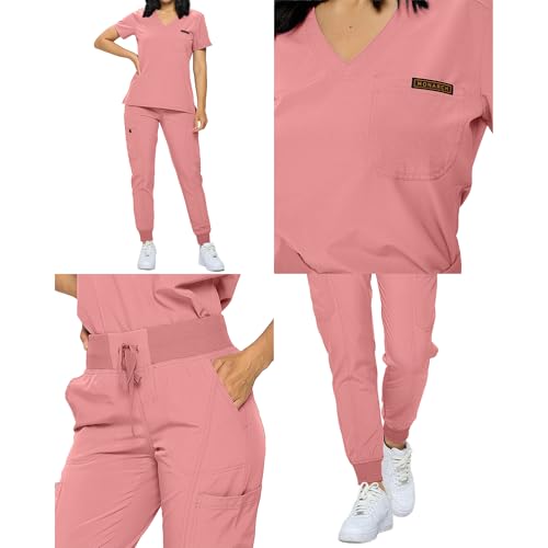 Image of Monarch Uniforms Slim Fit Stretchy Scrubs Women's Jogger Scrub Set Slim Jogger Scrubs with Tuck-In Top for Women (MAUVE-L)