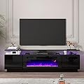 LUXOAK Modern Fireplace TV Stand with 36" Electric Fireplace, High Gloss Finish Media Console with Open Storage, LED Lights Entertainment Center for TVs Up to 80", Black