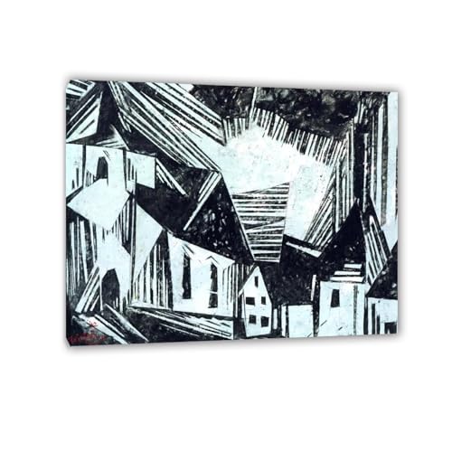 Peinture à l'huile Lyonel Feininger église vert noir tableau sur toile 80x105cm avec cadre