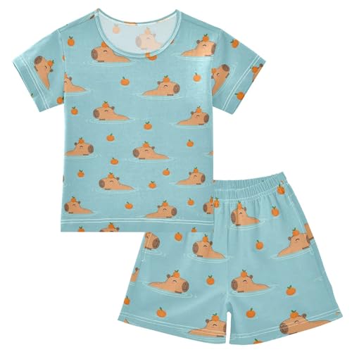Orange Capybara Cyan Pajama Set Short Sleeve Sleepwear Nightwear Set Soft Summer Pajamas