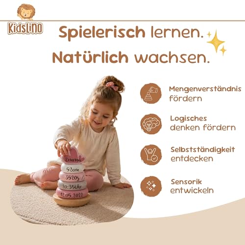 Mainely Personalisierbarer Holz-Stapelturm Rosa – fördert Feinmotorik & Koordination – für Kinder ab 12 Monaten – mit Name & Geburtsdaten - Label Label