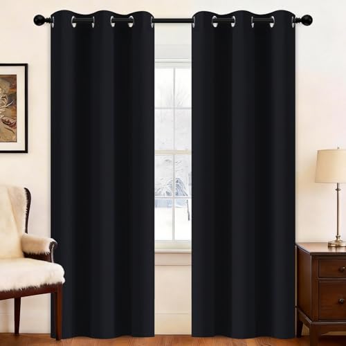 Yakamok Black Room Darkening Grommet Window Drapes Blackout Curtains Thermal Insulated Grommet Curtain Panels for Bedroom, 38W x 84L,One Pair
