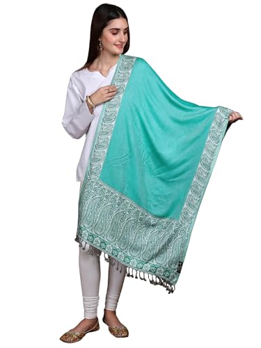 Women's Jamawar Stole from Ludhiana with Paisleys on Border and Plain Core | Beautiful Design Shawl, Scarves