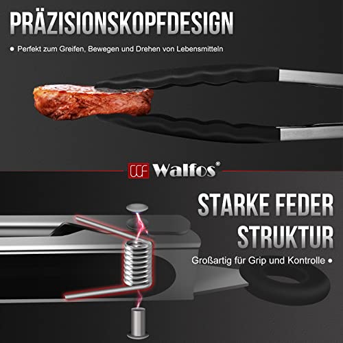 Walfos® Küchenzange Grillzange Hitzebeständige Kochzange 2er-Set, Edelstahl und BPA-freie Silikonspitzen, ideal zum Kochen, Grillen, 23cm und 30,5cm Lebensmittelzange