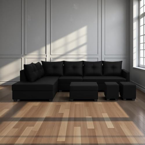 Image of SOCOZI Oriana 8 Seater LHS L Shape Sofa Set | Velvet Suede Fabric L Shape Sofa for Livingroom with 2 Ottoman & Centre Table | (Black)