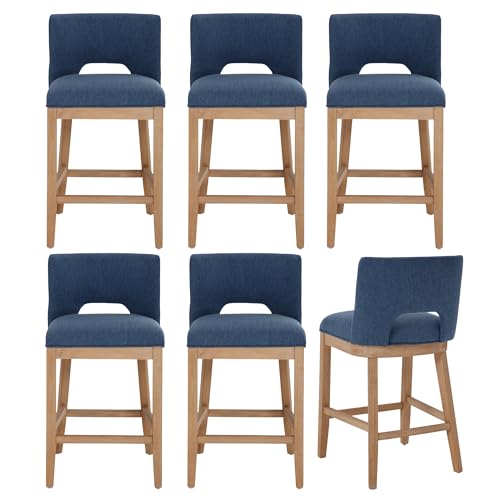 Butacos de barra chairus, set de 6 unidades, sin brazos, acolchados, respaldo de madera y patas de madera, tapizados en tela lino, color azul, para isla de cocina o barra alta miniatura 1