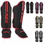 Rex Boxing Shin Guard Muay Thai Instep Leg Protector for Martial Arts, Kickboxing, BJJ, Karate, PU Leather reinforced MMA Shin Instep (BLACK/RED, M)