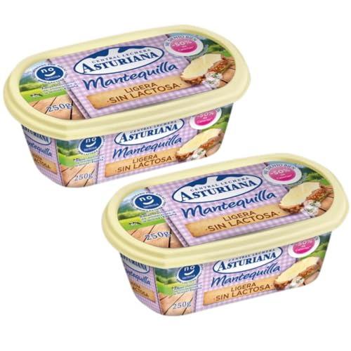 Pack 2 Mantequilla Central Lechera Asturiana 250g | Tradicional, Ligera y Sin Lactosa | En Barquetas | Envío Refrigerado | Sabor Natural y Textura Cremosa
