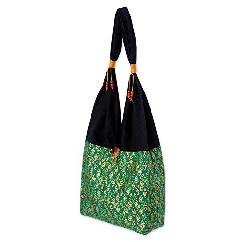 NOVICA Artisan Handmade Cotton Sling Tote Bag Crafted Shoulder Coconut Shell Handbags Green Patterned Thailand ' Thai Emerald'