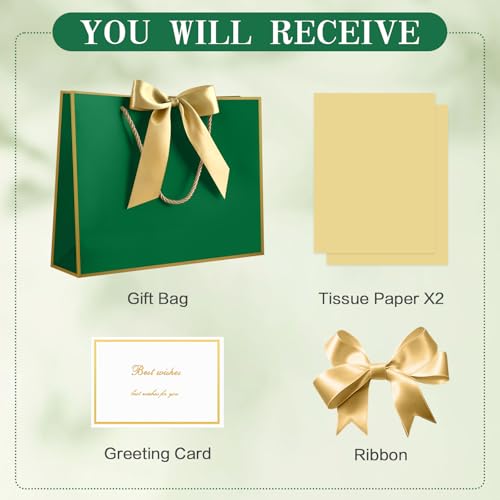 Image of JMANNI Gift Bags with Handles, 13 inch Medium Gift Bag for Presents, 1 Pcs Bags with 2 Tissue Paper and 1 Cards for Baby Shower Wedding Bridal Shower Mother's Day Birthday Party (DarkGreen-Gold