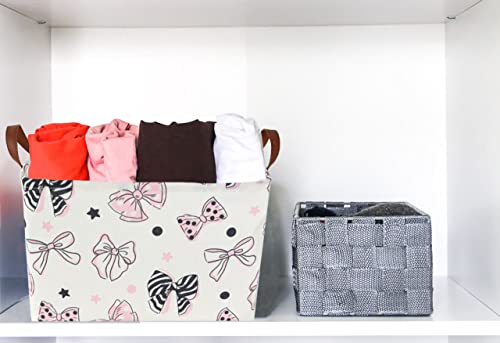 Image of Essme Rectangular Pink Basket ,Mother's Day Basket, Storage Baskets Organizer with Handles for Room Decor,Gift Bins.(Bowknot )