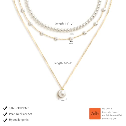 Image of Zeffy Gold Pearl Necklace for Women, Dainty 14K Gold /Silve Plated Layered Pearl Choker Pearl Earrings Pearl Bracelets Wedding Trendy Gold Jewelry Set for Women Gifts