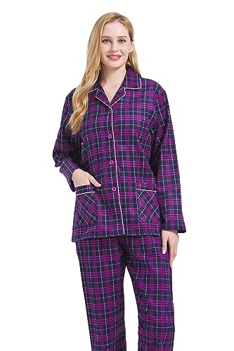 Image of GLOBAL Women's Flannel Pajamas Set 100% Cotton PJs for Women Long Sleeve Button Drawstring Waist Warm Loungewear Sleepwear