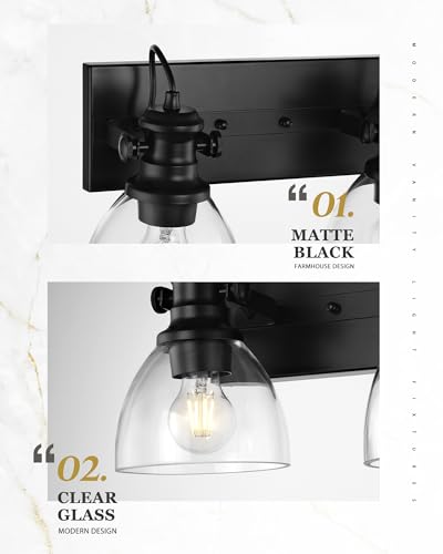 Image of 2-Light Black Bathroom Vanity Light Over Mirror, Clear Glass Shade | 16 inch Retro Vintage Vanity Lighting Fixture, E26 Base, Long Base Metal Frame, Ideal above Bathroom Mirrors, AD-22151-2W-BK