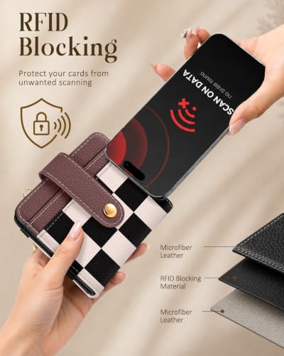 Image of Bistup Small Card Wallet for Women with Keychain, Black & White Checkered | durable material, clear ID window,, compact design for daily carry, sturdy keychain, aesthetic