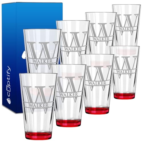 Personalized Beer Glasses Set of 8 Engraved Red 16oz Pint Glasses for Men & Women, Custom Drinking Gift for Birthdays, Weddings, Fathers Day & More