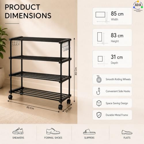 Image of ADA Premium High Density Iron Shoe Rack, Easy to Assemble Space Saving 4 - Tier Shoe Organizer, Heavy Duty Multifunctional Shoe Cabinet - Black