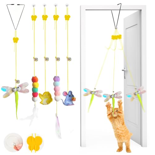 Juguetes de hierba gatera colgante con altura ajustable y plumas para ejercicio de gatos interiores 2