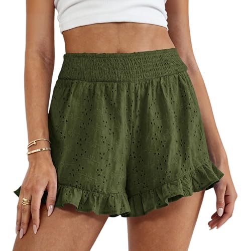 KAJXZ Womens Linen Shorts Summer Fashion Embroidered Ruffle Shorts Lightweight Casual Elastic Waisted Vacation Short Pants Green