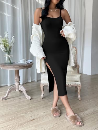 Image of Aahwan Black Solid Bodycon Midi Side Split Thigh Dress for Women's & Girl's