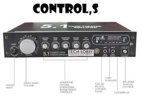 Tech-lobby TL-2037 Amplifier Rms 150 Watts 5.1 Channel Surround Six Tracks Stereo Amplifer Usb, Bluetooth, Av, 2 Mic,Karaoke.
