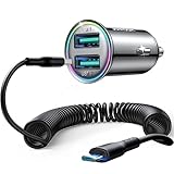 JOYROOM 4.8A Mini Cigarette Lighter USB Car Charger with Type C Coiled Cable for iPhone 15 Pro, Dual USB Car Charger Adapter Fast Charge for iPhone/Samsung/Android