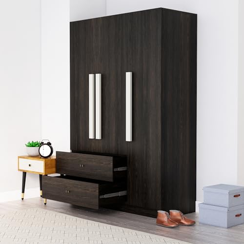 Image of Bniture Wooden Almirah for Clothes, Door for Bedroom, 3 Door Wardrobes with 2 Drawer & Hanging Space (40D x 120W x 180H CM) | 3 Year Warranty (Flower Wenge)