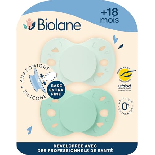 BIOLANE - Anatomiczne smoczki - Wyjątkowo cienkie smoczki - 18 miesięcy i +- Dwukolorowa zieleń - Płaski i odwracalny smoczek - Optymalny komfort - Szacunek dla rozwoju jamy ustnej - Materiały