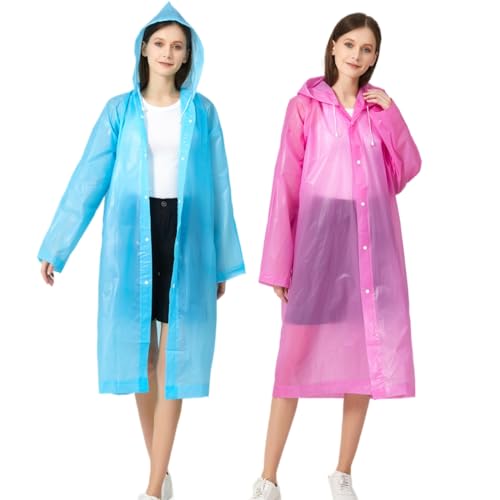 RUISHYY Rain Ponchos for Adults Women Men (2-5 Pack), Reusable EVA Raincoats Jackets with Hood Portable Waterproof Rain Gear (Blue+Pink)