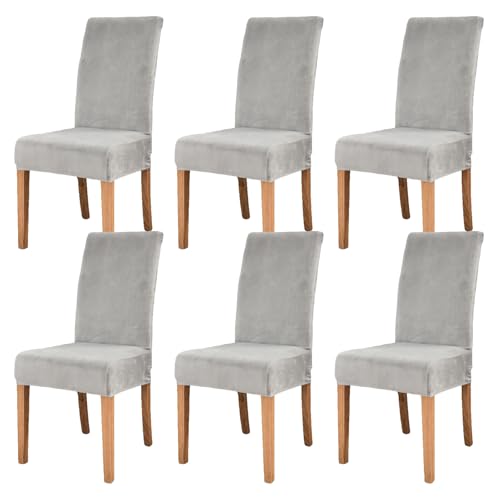 Fundas elásticas de terciopelo para sillas de comedor, cocina, banquete y hotel, fundas de color gris claro para sillas de comedor, protección de asiento y decoración del hogar (juego de 6)