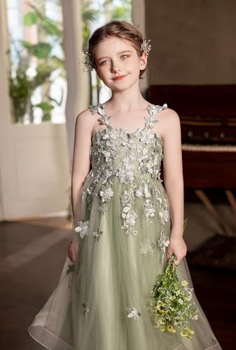 Tulle Flower Girl Dresses for Wedding 3D Floral Appliques Pageant Dress Girls Birthday Ball Gown with Bow4