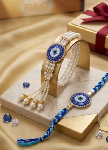 Image of Bhaiya Bhabhi Rakhi Set with Pearl Bracelet | Designer Rakhi for Brother & Bhabhi | Traditional Raksha Bandhan