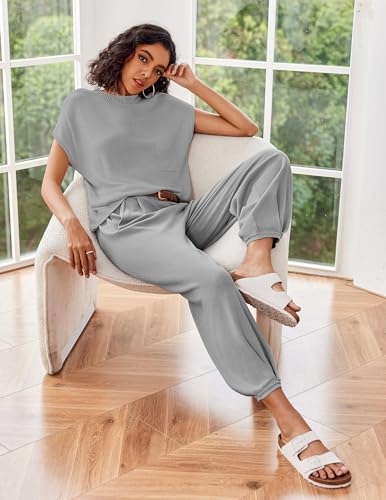 Image of Ekouaer Two Piece Outfits Lounge Sets for Women Sweater Sets Knit Short Sleeve Tops Jogger Pants Matching Tracksuit