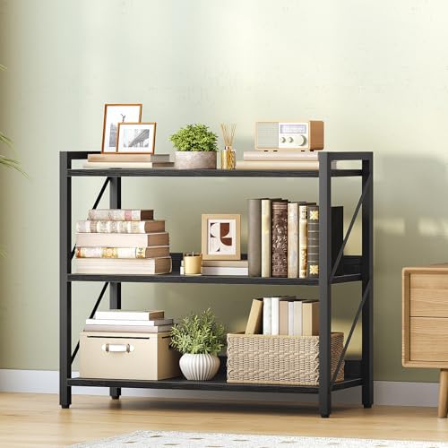 Image of HOOBRO Bookshelf, 3-Tier Industrial Bookcase, Book Shelf Storage Organizer, Bookshelf with Metal Frame for Living Room, Bedroom, Home Office, Kitchen, Black BB718SJ01