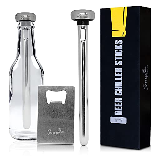 Beer Chiller Sticks for bottles Sage Treasures - Stainless Steel beer stick preserves the coolness of your drink - Set of 2 with Premium Gift box makes great beer gifts and accessories for beer lovers