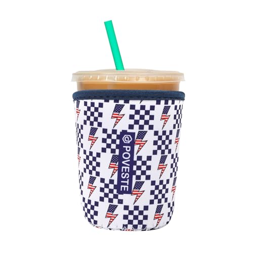 Image of Reusable Neoprene Insulator Sleeve for Iced Coffee & Cold Soda, Coffee Sleeves for Iced & Hot Drinks, Cold Beverage Cooler Compatible with Starbucks, Dunkin (Lightning Flags, Small: 16-18oz)