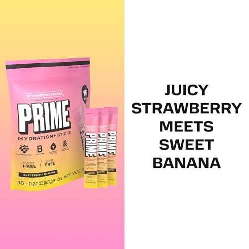 Image of PRIME HYDRATION+ Electrolyte Powder Sticks, Strawberry Banana, Sugar Free Hydration Drink Mix with Potassium, Magnesium & B Vitamins to Replenish Fluids, Caffeine Free, 16 Count