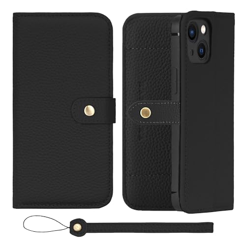HANATORA iPhone13mini ケース 手帳型 本革 スマホケース スマホ スタンド ストラップ 付き シュリンクカーフレザー ギフト ベルトあり マグネットなし ブラック H1SPB-13mini-Black ギフト 誕生日ギフト 女性 彼女