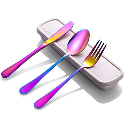 Image of Portable Utensils Set with Case, 4pcs Stainless Steel Reusable Silverware for Lunch Camping School Picnic Workplace Travel, Lunch Box Includ Fork Spoon Knife,Easy to clean,Dishwasher Safe(Rainbow)