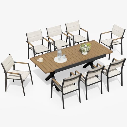 SEEHILL 9-Piece Expandable Patio Dining Set, 8 Stackable Double-Layer Textilene Chairs and 63''-83'' Expandable Patio Dining Table, Never-Rust Aluminum Outdoor Dining Table Set for Deck, Indoor, Teak