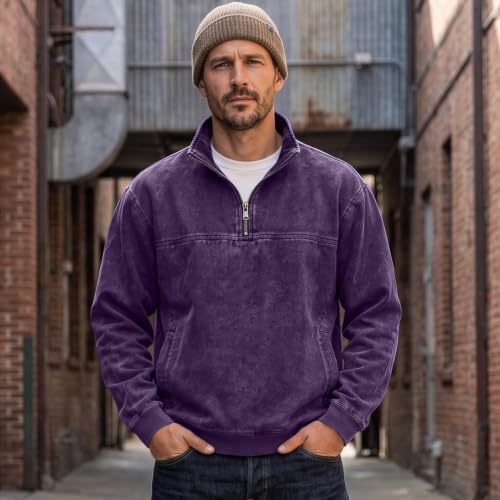 Men's Denim Shirt Washed Vintage 1/4 Zip Pullover Shirt with Pockets - image 2