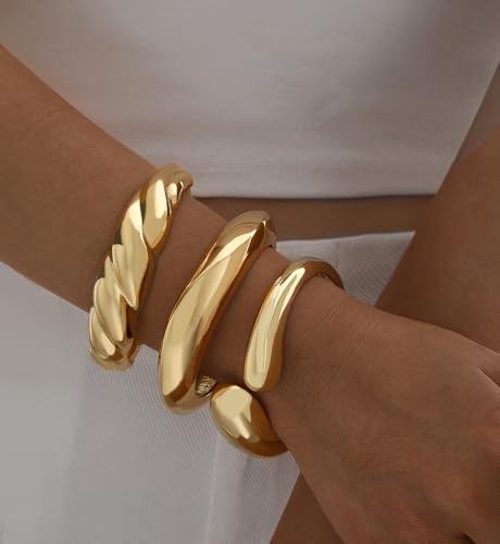 Image of Chunky Gold Bangle Bracelets for Women, Dainty 14k Gold Plated Big Stackable Bangles Set, Trendy Statement Cuff Bracelet Stack Fashion Jewelry Gifts