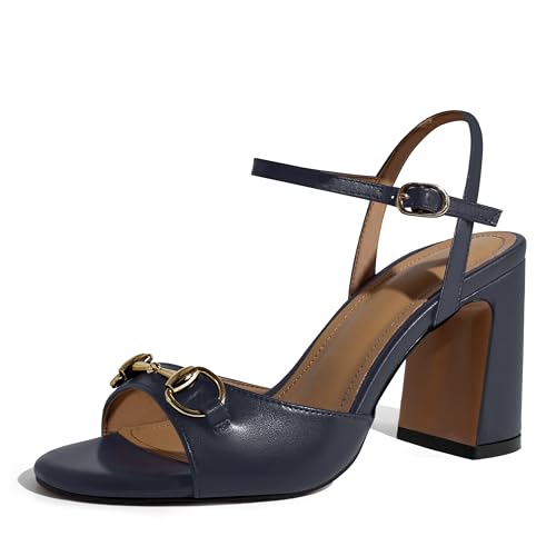 iadore Women Fashion High Block Heel Shoes Strappy with Buckle Fashion Studded Round Open Toe Summer Dress Sandals navy 8.5 US