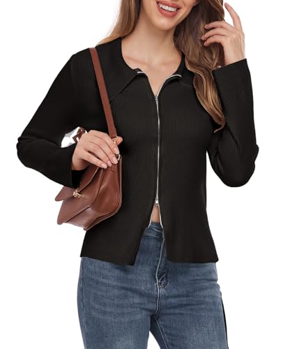 Image of Women's Zip Up Sweater Long Sleeve Polo V Neck Ribbed Knit Slim Cropped Sweater Pullover Trendy Tops