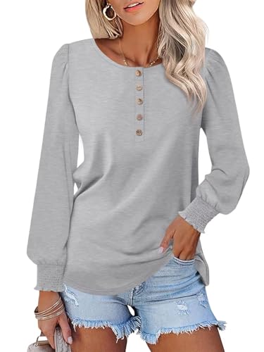 Minetom Women's Long Sleeve Tops Henley Shirts Puff Sleeve Tops Casual Shirts Smocked Cuffs Blouses Gray